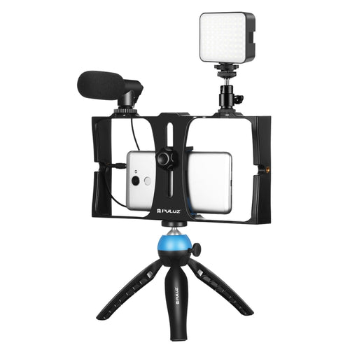 PULUZ 4 in 1 Vlogging การถ่ายทอดสด LED เซลฟี่เติมแสงสมาร์ทโฟนชุดวิดีโอ Rig พร้อมไมโครโฟน + ขาตั้งกล้องสามขา + ขาตั้งกล้องรองเท้าเย็นสำหรับ iPhone, Galaxy, Huawei, Xiaomi, HTC, LG, Google และสมาร์ทโฟนอื่น ๆ, 4 in 1 Fill Light Rig Kit