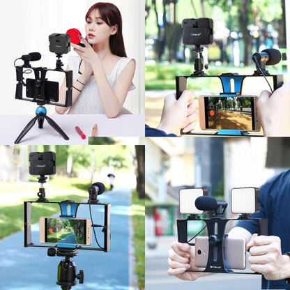 PULUZ 4 in 1 Vlogging การถ่ายทอดสด LED เซลฟี่เติมแสงสมาร์ทโฟนชุดวิดีโอ Rig พร้อมไมโครโฟน + ขาตั้งกล้องสามขา + ขาตั้งกล้องรองเท้าเย็นสำหรับ iPhone, Galaxy, Huawei, Xiaomi, HTC, LG, Google และสมาร์ทโฟนอื่น ๆ, 4 in 1 Fill Light Rig Kit