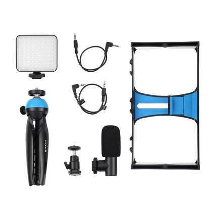PULUZ 4 in 1 Vlogging การถ่ายทอดสด LED เซลฟี่เติมแสงสมาร์ทโฟนชุดวิดีโอ Rig พร้อมไมโครโฟน + ขาตั้งกล้องสามขา + ขาตั้งกล้องรองเท้าเย็นสำหรับ iPhone, Galaxy, Huawei, Xiaomi, HTC, LG, Google และสมาร์ทโฟนอื่น ๆ, 4 in 1 Fill Light Rig Kit