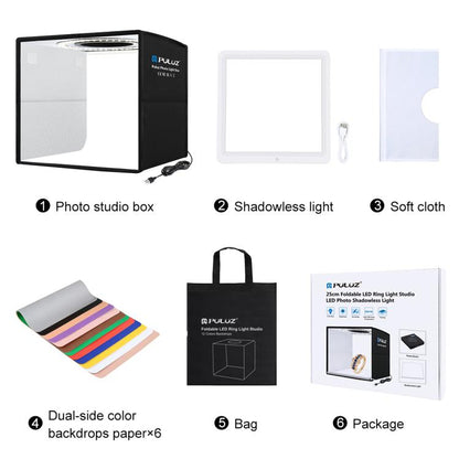 PULUZ 25 ซม.พับแบบพกพาสูง CRI แหวน LED ภาพแสงสตูดิโอเต็นท์กล่อง + Shadowless โคมไฟแผง Pad 12 สีฉากหลังขนาด: 25 ซม.x 25 ซม.x 25 ซม., 25cm High CRI Box + Shadowless Light