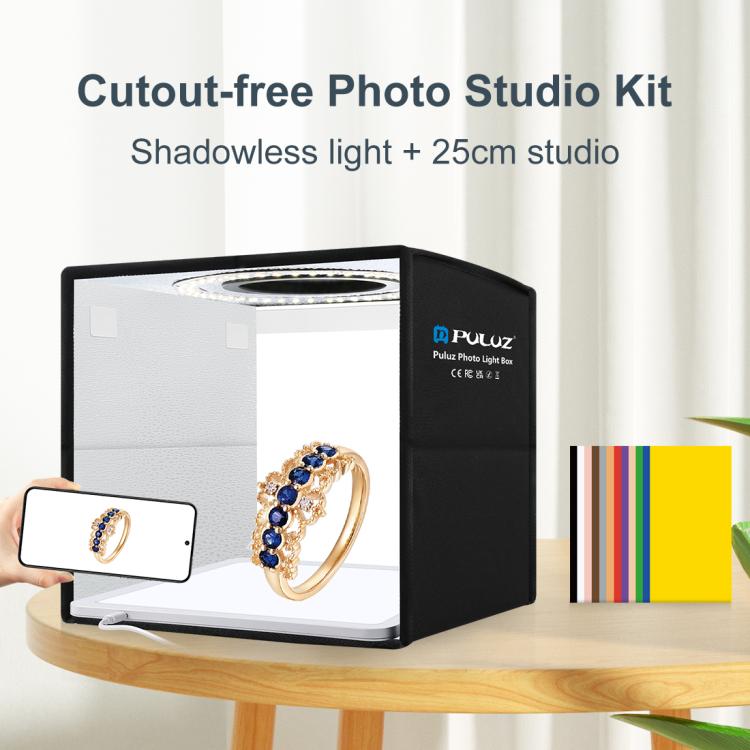PULUZ 25 ซม.พับแบบพกพาสูง CRI แหวน LED ภาพแสงสตูดิโอเต็นท์กล่อง + Shadowless โคมไฟแผง Pad 12 สีฉากหลังขนาด: 25 ซม.x 25 ซม.x 25 ซม., 25cm High CRI Box + Shadowless Light