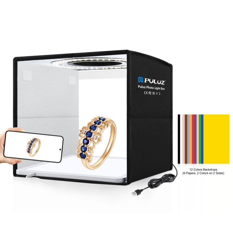 PULUZ 25 ซม.พับแบบพกพาสูง CRI แหวน LED ภาพแสงสตูดิโอเต็นท์กล่อง + Shadowless โคมไฟแผง Pad 12 สีฉากหลังขนาด: 25 ซม.x 25 ซม.x 25 ซม., 25cm High CRI Box + Shadowless Light