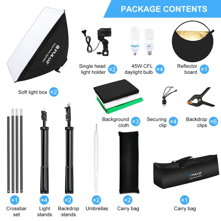 ชุดถ่ายภาพ Softbox PULUZ LED Light Studio พร้อมพื้นหลังและตัวสะท้อนแสง & เมาท์ขาตั้งกล้องและกระสอบทราย, Photography Light  Kit, EU Plug, Photography Light  Kit, US Plug