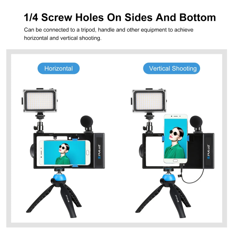 PULUZ 4 ใน 1 บลูทูธมือถือ Vlogging ถ่ายทอดสด LED เซลฟีแสงสมาร์ทโฟนวิดีโอ Rig ชุดพร้อมไมโครโฟน + ขาตั้งกล้อง + Cold Shoe ขาตั้งกล้องสำหรับ iPhone, Galaxy, Huawei, Xiaomi, HTC, LG, Google และสมาร์ทโฟนอื่นๆ, 4 in 1 Bluetooth Rig