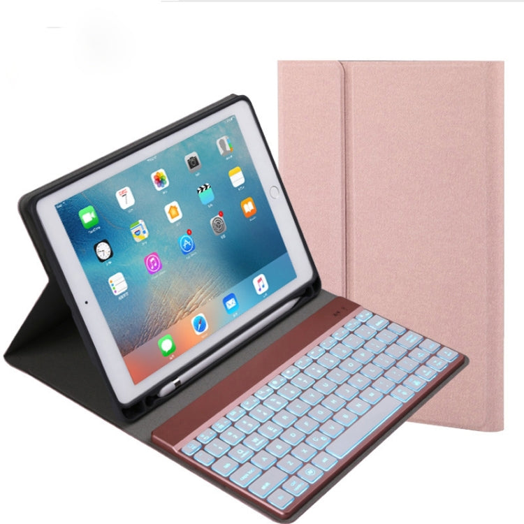 คีย์บอร์ด Bluetooth แบบถอดได้ 508A + เคสแท็บเล็ตหนังพลิกแนวนอนพร้อมตัวยึดและไฟแบ็คไลท์สีสันสดใสสำหรับ iPad Pro 9.7 นิ้ว, iPad Air, iPad Air 2, iPad 9.7 นิ้ว (2017), iPad 9.7 นิ้ว (2018), 508A Champagne Gold, 508A Blue