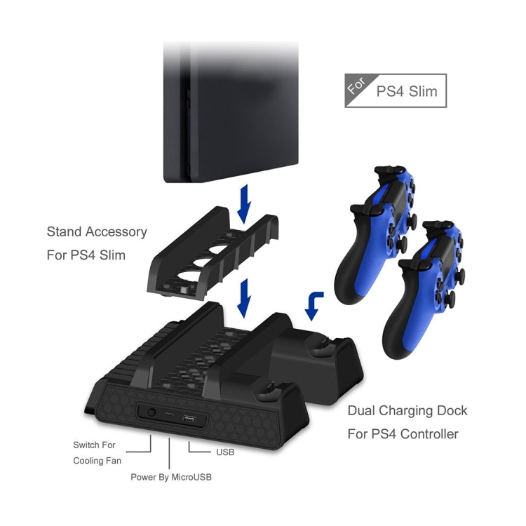 DOBE TP4-882 คอนโซลเกม 3 ใน 1 พัดลมระบายความร้อน + ช่องใส่เกม + แท่นชาร์จคอนโทรลเลอร์เกมสำหรับ Sony PS4 / PS4 Pro / PS4 Slim, For PS4 / PS4 Pro / PS4 Slim