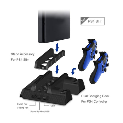 DOBE TP4-882 คอนโซลเกม 3 ใน 1 พัดลมระบายความร้อน + ช่องใส่เกม + แท่นชาร์จคอนโทรลเลอร์เกมสำหรับ Sony PS4 / PS4 Pro / PS4 Slim, For PS4 / PS4 Pro / PS4 Slim