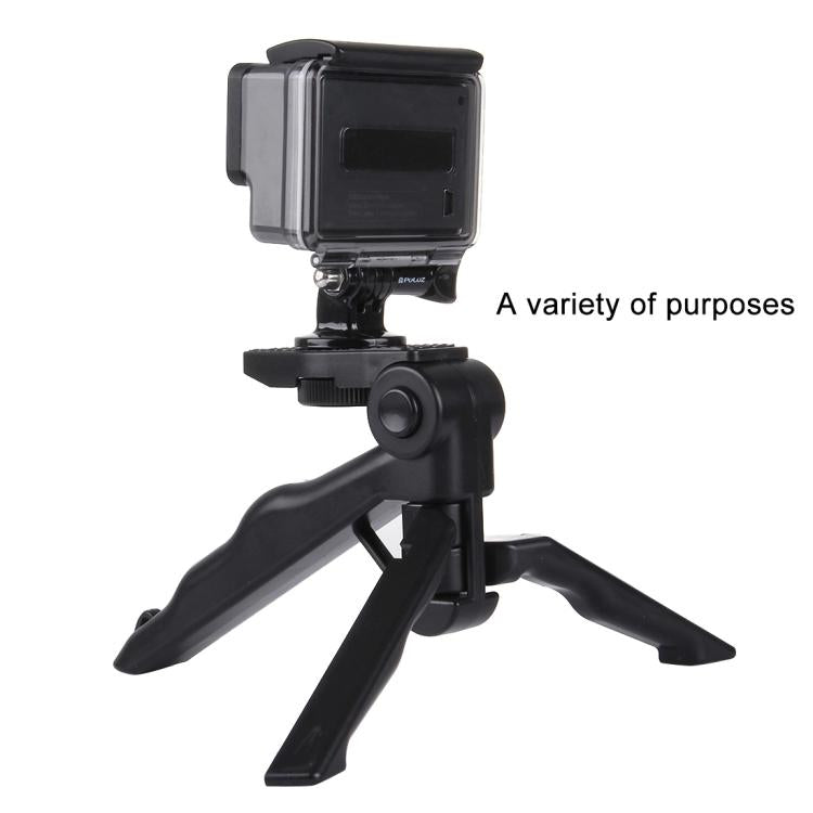 PULUZ Grip ขาตั้งกล้องแบบพับได้พร้อมอะแดปเตอร์และสกรูสำหรับ GoPro Hero11 Black / HERO10 Black / HERO9 Black / HERO8 Black / HERO7 / 6/5/5 เซสชัน / 4 เซสชัน / 4/3+ / 3/2/1, Xiaoyi และการกระทำอื่น ๆกล้องรับน้ำหนักสูงสุด: 2กก, Load Max: 2kg