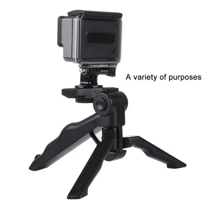 PULUZ Grip ขาตั้งกล้องแบบพับได้พร้อมอะแดปเตอร์และสกรูสำหรับ GoPro Hero11 Black / HERO10 Black / HERO9 Black / HERO8 Black / HERO7 / 6/5/5 เซสชัน / 4 เซสชัน / 4/3+ / 3/2/1, Xiaoyi และการกระทำอื่น ๆกล้องรับน้ำหนักสูงสุด: 2กก, Load Max: 2kg
