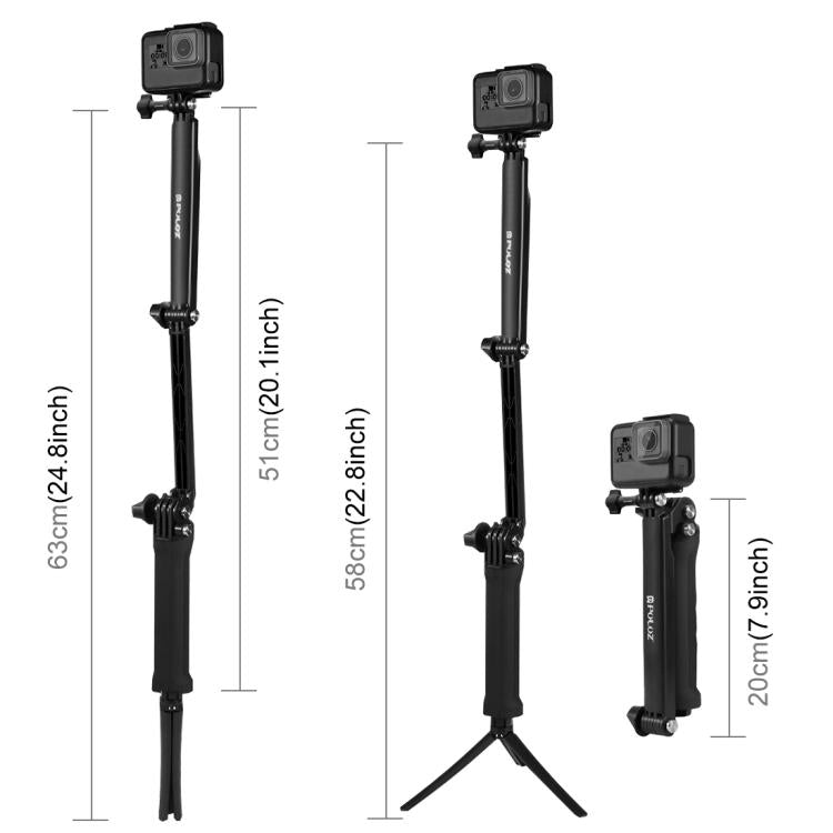 PULUZ 3-Way Grip ขาตั้งกล้องแบบพับได้ Selfiestick Monopod สำหรับ GoPro, Insta360 ONE R, DJI Osmo Action และกล้องแอ็คชั่นอื่น ๆ ความยาว: 20-58 ซม., Length: 20-58cm