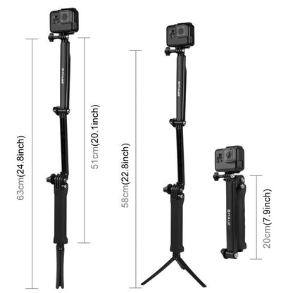 PULUZ 3-Way Grip ขาตั้งกล้องแบบพับได้ Selfiestick Monopod สำหรับ GoPro, Insta360 ONE R, DJI Osmo Action และกล้องแอ็คชั่นอื่น ๆ ความยาว: 20-58 ซม., Length: 20-58cm