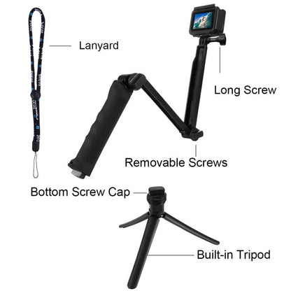 PULUZ 3-Way Grip ขาตั้งกล้องแบบพับได้ Selfiestick Monopod สำหรับ GoPro, Insta360 ONE R, DJI Osmo Action และกล้องแอ็คชั่นอื่น ๆ ความยาว: 20-58 ซม., Length: 20-58cm