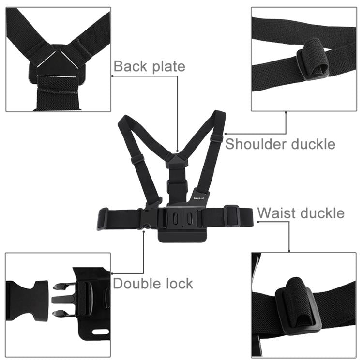PULUZ เข็มขัดเมาท์ตัวปรับได้สายรัดหน้าอกพร้อม J Hook Mount และสกรูยาวสำหรับ GoPro Hero11 Black / HERO10 Black / HERO9 Black / HERO8 Black / HERO7 / 6/5/5 เซสชัน / 4 เซสชัน / 4/3+ / 3/2/1, Insta360 ONE R, DJI Osmo Action และกล้องแอคชั่นอื่นๆ, Chest Strap