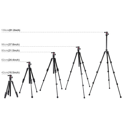 PULUZ ขาพับ 4 ส่วนขาตั้งกล้องโลหะพร้อมหัวบอล 360 องศาสำหรับกล้อง DSLR และกล้องดิจิตอลความสูงที่ปรับได้: 42-130 ซม., Adjustable Height: 42-130cm