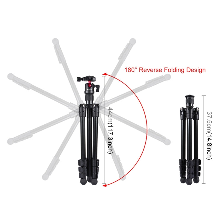 PULUZ ขาพับ 4 ส่วนขาตั้งกล้องโลหะพร้อมหัวบอล 360 องศาสำหรับกล้อง DSLR และกล้องดิจิตอลความสูงที่ปรับได้: 42-130 ซม., Adjustable Height: 42-130cm