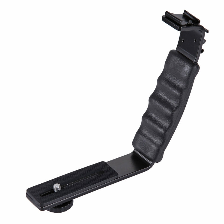 PULUZ L-Shape Bracket ที่ยึดมือถือแบบด้ามจับพร้อมที่ยึดรองเท้าเย็นสองด้านสำหรับแฟลชไฟวิดีโอ, กล้อง DSLR, Bracket