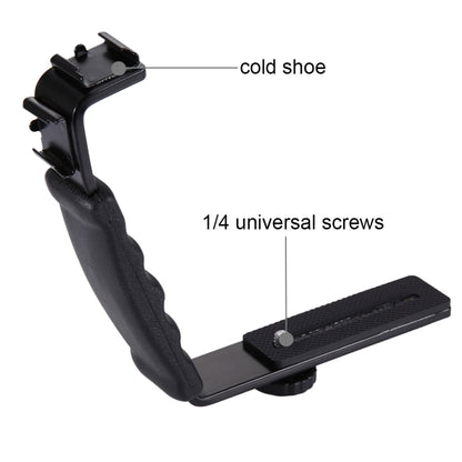 PULUZ L-Shape Bracket ที่ยึดมือถือแบบด้ามจับพร้อมที่ยึดรองเท้าเย็นสองด้านสำหรับแฟลชไฟวิดีโอ, กล้อง DSLR, Bracket