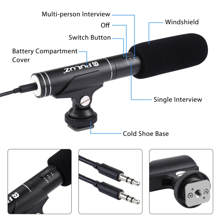 PULUZ Professional Interview Condenser วิดีโอไมโครโฟน Shotgun พร้อมสายสัญญาณเสียง 3.5 มม. สำหรับกล้อง DSLR และ DV, Microphone