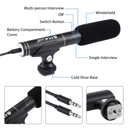 PULUZ Professional Interview Condenser วิดีโอไมโครโฟน Shotgun พร้อมสายสัญญาณเสียง 3.5 มม. สำหรับกล้อง DSLR และ DV, Microphone