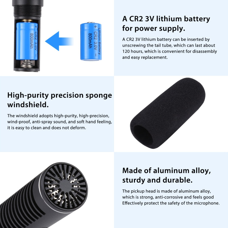PULUZ Professional Interview Condenser วิดีโอไมโครโฟน Shotgun พร้อมสายสัญญาณเสียง 3.5 มม. สำหรับกล้อง DSLR และ DV, Microphone