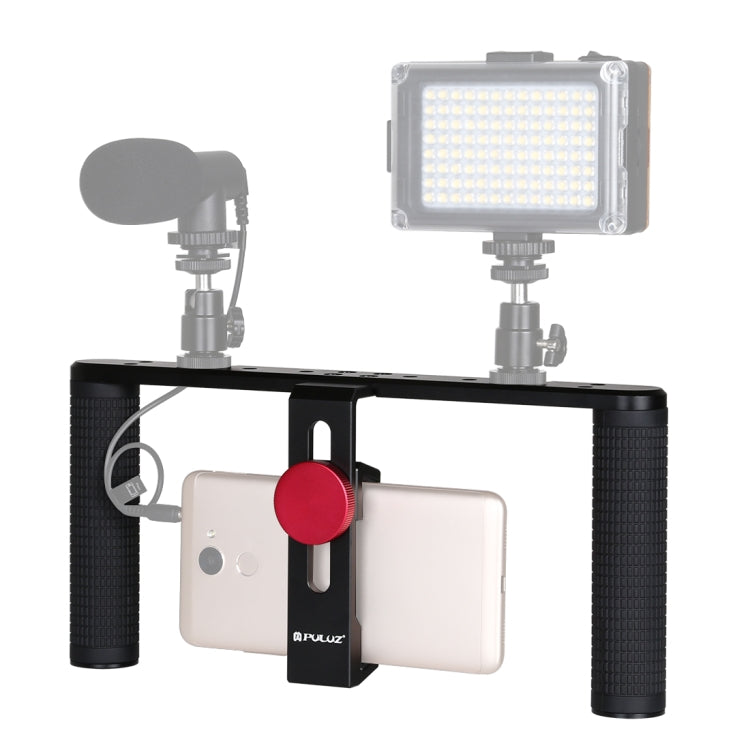 PULUZ Vlogging ถ่ายทอดสดสมาร์ทโฟนวิดีโอ Rig การสร้างภาพยนตร์บันทึกด้ามจับโคลงวงเล็บอลูมิเนียมสำหรับ iPhone, Galaxy, Huawei, Xiaomi, HTC, LG, Google และสมาร์ทโฟนอื่น ๆ, Aluminum Bracket