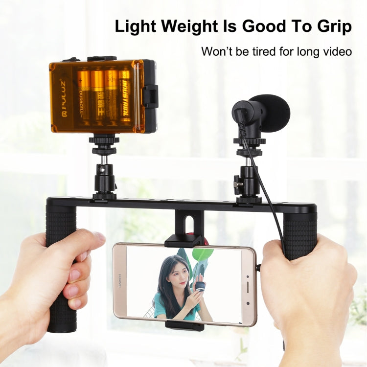 PULUZ Vlogging ถ่ายทอดสดสมาร์ทโฟนวิดีโอ Rig การสร้างภาพยนตร์บันทึกด้ามจับโคลงวงเล็บอลูมิเนียมสำหรับ iPhone, Galaxy, Huawei, Xiaomi, HTC, LG, Google และสมาร์ทโฟนอื่น ๆ, Aluminum Bracket