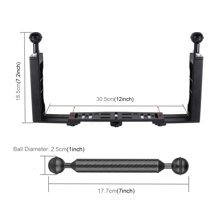 PULUZ Dual Handle ที่วางถาดอลูมิเนียมพร้อมตัวหนีบอลูมิเนียมอัลลอยด์ 4 x Dual Ball และแขนลอย 2 x 7 นิ้วและอะแดปเตอร์หัวบอล 2 x สำหรับเรือนกล้องใต้น้ำ, 4 x Dual Ball