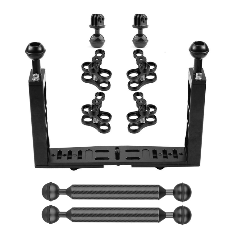 PULUZ Dual Handle ที่วางถาดอลูมิเนียมพร้อมตัวหนีบอลูมิเนียมอัลลอยด์ 4 x Dual Ball และแขนลอย 2 x 7 นิ้วและอะแดปเตอร์หัวบอล 2 x สำหรับเรือนกล้องใต้น้ำ, 4 x Dual Ball