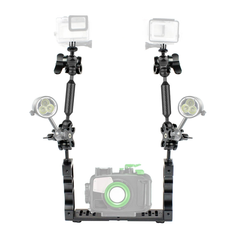 PULUZ Dual Handle ที่วางถาดอลูมิเนียมพร้อมตัวหนีบอลูมิเนียมอัลลอยด์ 4 x Dual Ball และแขนลอย 2 x 7 นิ้วและอะแดปเตอร์หัวบอล 2 x สำหรับเรือนกล้องใต้น้ำ, 4 x Dual Ball