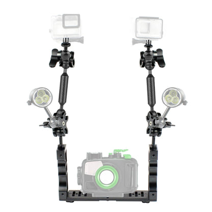 PULUZ Dual Handle ที่วางถาดอลูมิเนียมพร้อมตัวหนีบอลูมิเนียมอัลลอยด์ 4 x Dual Ball และแขนลอย 2 x 7 นิ้วและอะแดปเตอร์หัวบอล 2 x สำหรับเรือนกล้องใต้น้ำ, 4 x Dual Ball