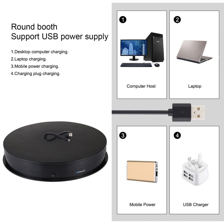 PULUZ 30 ซม.USB ไฟฟ้าหมุนแผ่นเสียงขาตั้งจอแสดงผลวิดีโอ Props แผ่นเสียงสำหรับถ่ายภาพ,โหลด 10-20 กก., 30cm Load Load 10-20kg  Black, 30cm Load Load 10-20kg White