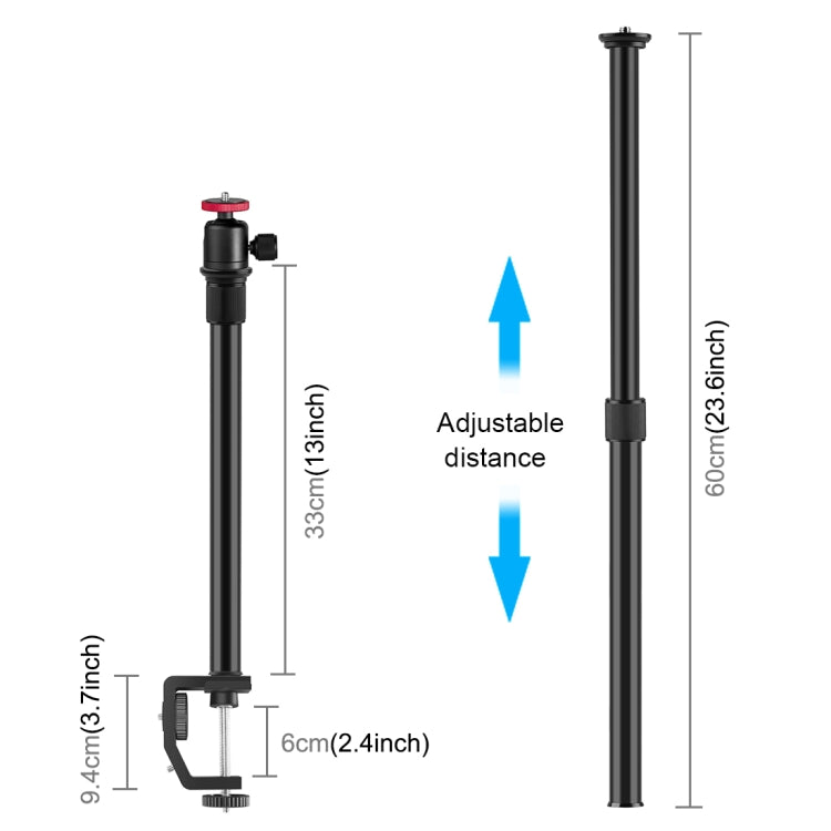PULUZ C Clamp Mount Light Stand Extension เพลากลาง Rod Monopod Holder ชุดหัวบอล, ความยาวก้าน: 33-60 ซม., C Clamp Extension Rod with Ball-Head