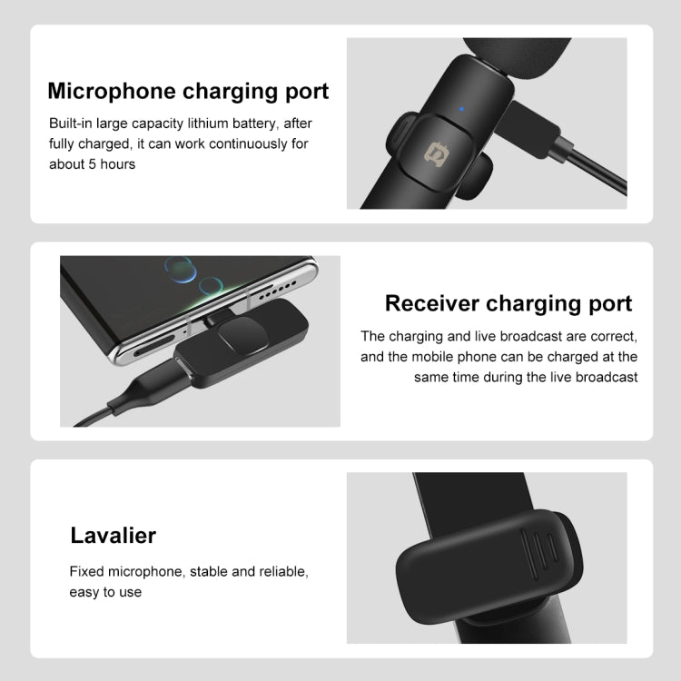 PULUZ ไมโครโฟนรีเวิร์บลดเสียงรบกวนแบบหนีบเสื้อแบบไร้สายสำหรับอุปกรณ์ Type-C / USB-C รองรับการชาร์จโทรศัพท์, Type-C Wireless Microphone