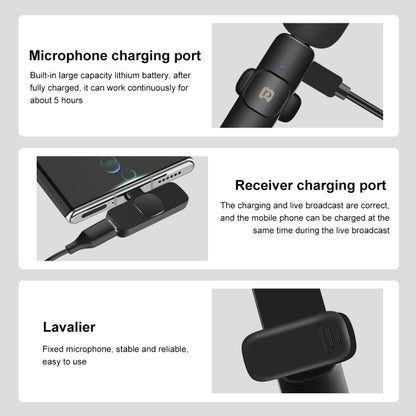 PULUZ ไมโครโฟนรีเวิร์บลดเสียงรบกวนแบบหนีบเสื้อแบบไร้สายสำหรับอุปกรณ์ Type-C / USB-C รองรับการชาร์จโทรศัพท์, Type-C Wireless Microphone