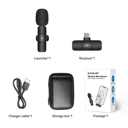 PULUZ ไมโครโฟนรีเวิร์บลดเสียงรบกวนแบบหนีบเสื้อแบบไร้สายสำหรับอุปกรณ์ Type-C / USB-C รองรับการชาร์จโทรศัพท์, Type-C Wireless Microphone