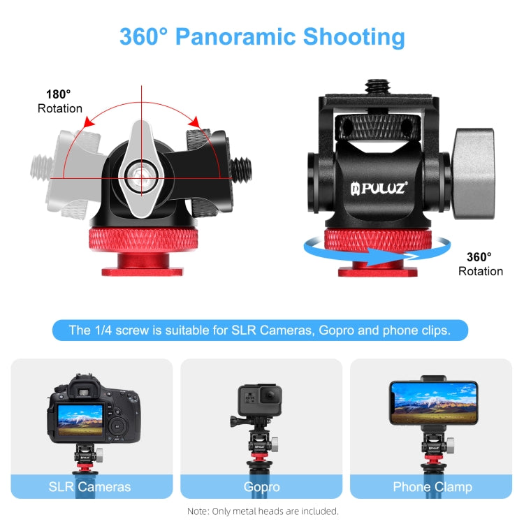 PULUZ มินิ 180 องศาสวิงขาตั้งกล้องหัวบอลอะแดปเตอร์เมาท์รองเท้าเย็น, Mini 180 Degree Ball Head(Red), Mini 180 Degree Ball Head(Silver)