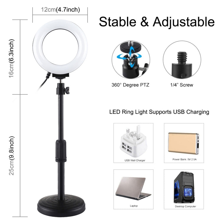 PULUZ ที่ยึดฐานกลม + 4.7 นิ้ว 12 ซม. 3 โหมด USB หรี่แสงได้วงแหวน LED วิดีโอบล็อกไฟวิดีโอปรับความสูงได้: 15.5 ซม. - 25.5 ซม., Desktop Mount+4.7 inch
