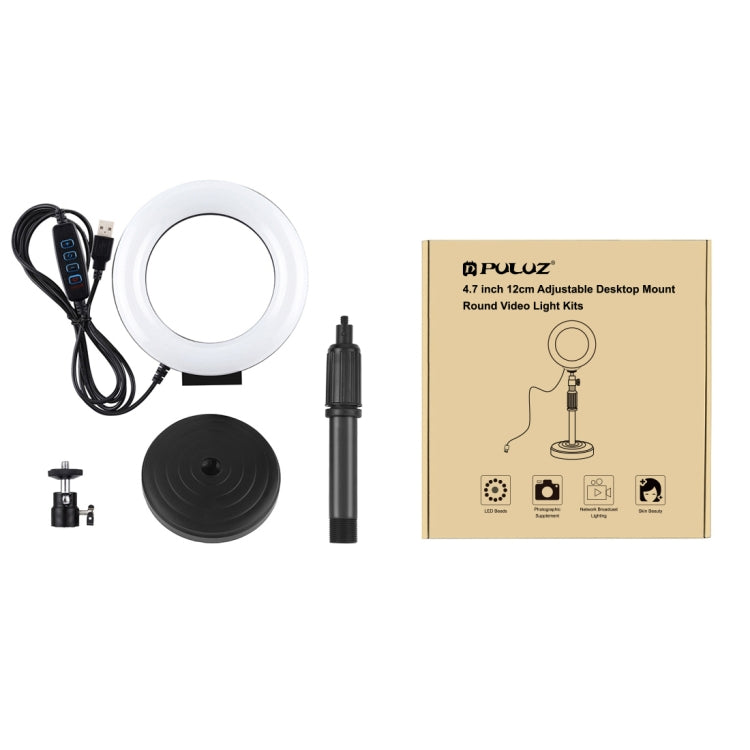 PULUZ ที่ยึดฐานกลม + 4.7 นิ้ว 12 ซม. 3 โหมด USB หรี่แสงได้วงแหวน LED วิดีโอบล็อกไฟวิดีโอปรับความสูงได้: 15.5 ซม. - 25.5 ซม., Desktop Mount+4.7 inch