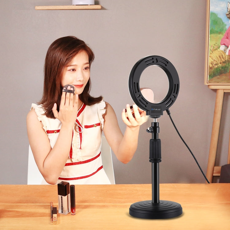 PULUZ ที่ยึดฐานกลม + 4.7 นิ้ว 12 ซม. 3 โหมด USB หรี่แสงได้วงแหวน LED วิดีโอบล็อกไฟวิดีโอปรับความสูงได้: 15.5 ซม. - 25.5 ซม., Desktop Mount+4.7 inch