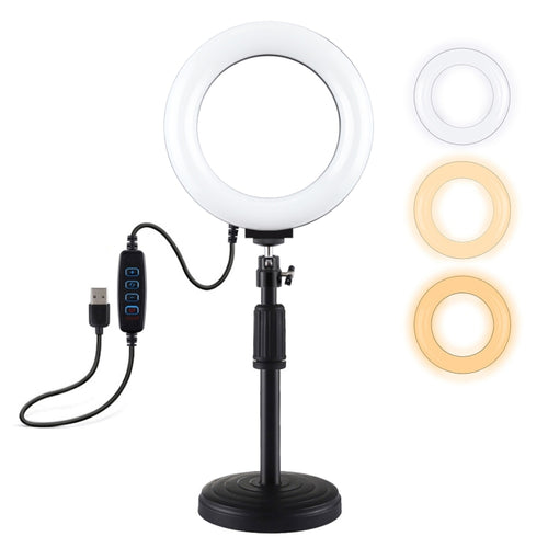 PULUZ เมาท์ฐานกลม + 6.2 นิ้ว 3 โหมด USB หรี่แสงได้วงแหวน LED วิดีโอบล็อกไฟวิดีโอปรับความสูงได้: 18 ซม. - 28 ซม., Desktop Mount+6.2 inch