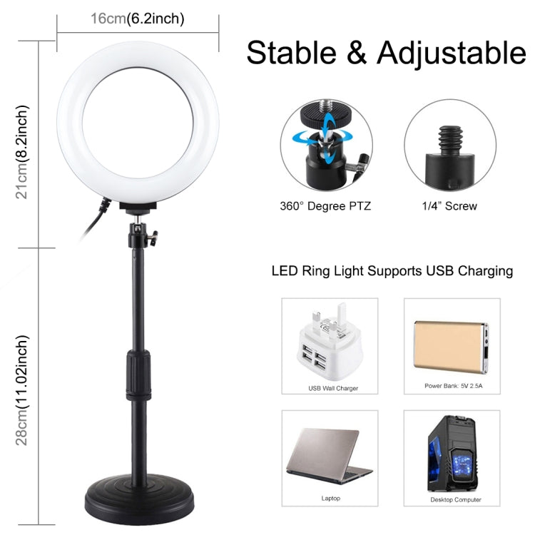 PULUZ เมาท์ฐานกลม + 6.2 นิ้ว 3 โหมด USB หรี่แสงได้วงแหวน LED วิดีโอบล็อกไฟวิดีโอปรับความสูงได้: 18 ซม. - 28 ซม., Desktop Mount+6.2 inch