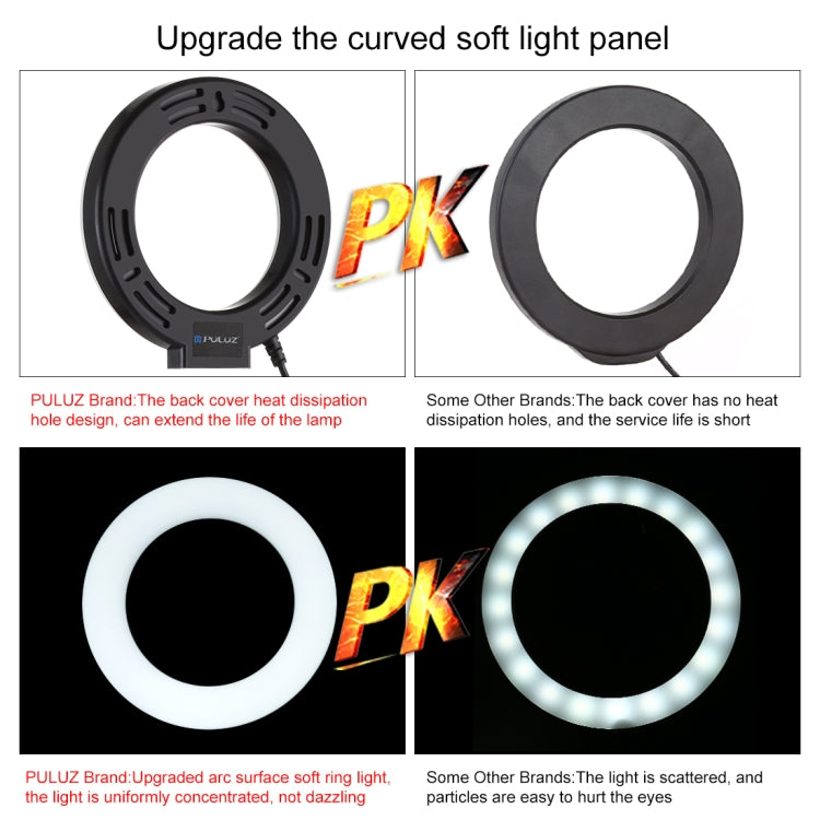 PULUZ เมาท์ฐานกลม + 6.2 นิ้ว 3 โหมด USB หรี่แสงได้วงแหวน LED วิดีโอบล็อกไฟวิดีโอปรับความสูงได้: 18 ซม. - 28 ซม., Desktop Mount+6.2 inch