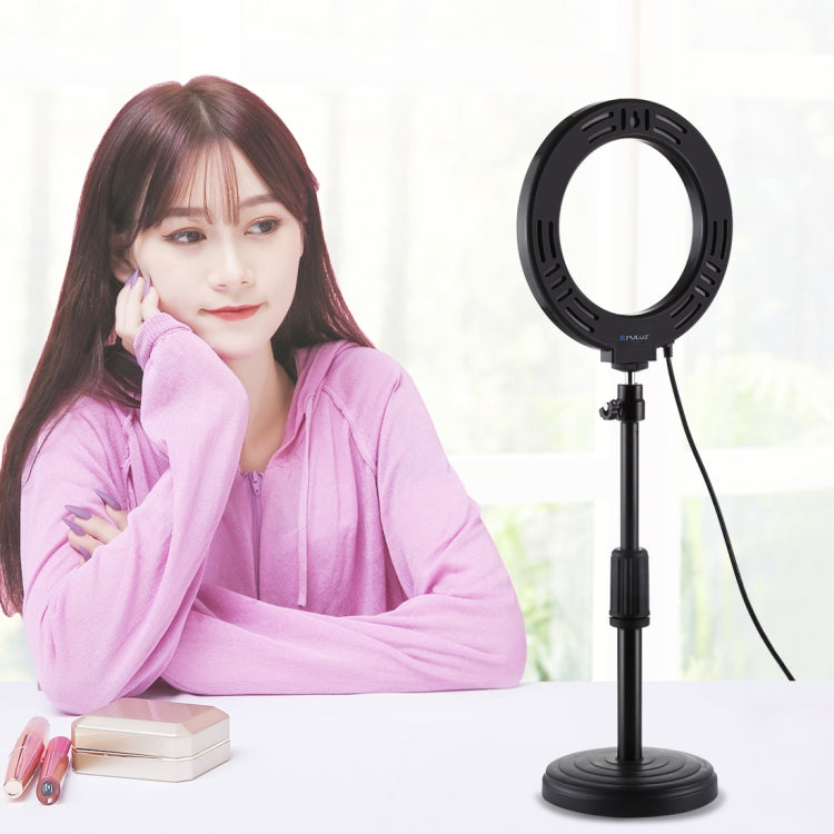 PULUZ เมาท์ฐานกลม + 6.2 นิ้ว 3 โหมด USB หรี่แสงได้วงแหวน LED วิดีโอบล็อกไฟวิดีโอปรับความสูงได้: 18 ซม. - 28 ซม., Desktop Mount+6.2 inch