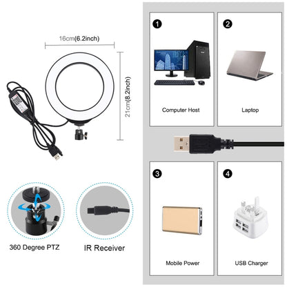 PULUZ 6.2 นิ้ว 16 ซม. USB RGBW หรี่แสงได้ LED แหวน Vlogging การถ่ายภาพไฟวิดีโอรองเท้าเย็นขาตั้งกล้องขาตั้งกล้อง & รีโมทคอนโทรล, 6.2 inch RGBW / Remote