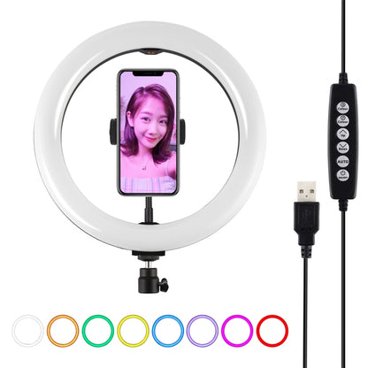 PULUZ 10.2 นิ้ว 26 ซม. USB 10 โหมด 8 สี RGBW หรี่แสงได้ LED แหวนวิดีโอบล็อกการถ่ายภาพไฟวิดีโอด้วยรองเท้าเย็นหัวบอลขาตั้งกล้องและที่หนีบโทรศัพท์, 10.2 inch RGBW