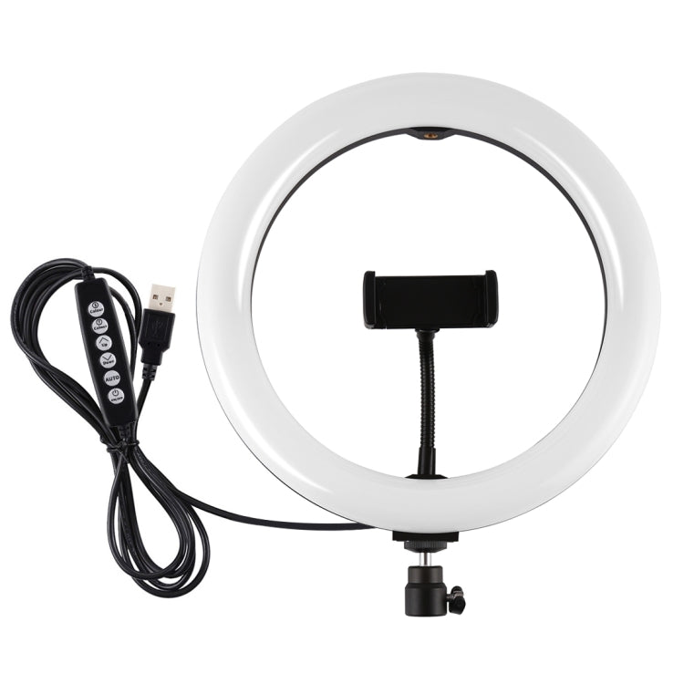 PULUZ 10.2 นิ้ว 26 ซม. USB 10 โหมด 8 สี RGBW หรี่แสงได้ LED แหวนวิดีโอบล็อกการถ่ายภาพไฟวิดีโอด้วยรองเท้าเย็นหัวบอลขาตั้งกล้องและที่หนีบโทรศัพท์, 10.2 inch RGBW