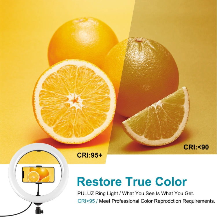 PULUZ 10.2 นิ้ว 26 ซม. USB 10 โหมด 8 สี RGBW หรี่แสงได้ LED แหวนวิดีโอบล็อกการถ่ายภาพไฟวิดีโอด้วยรองเท้าเย็นหัวบอลขาตั้งกล้องและที่หนีบโทรศัพท์, 10.2 inch RGBW