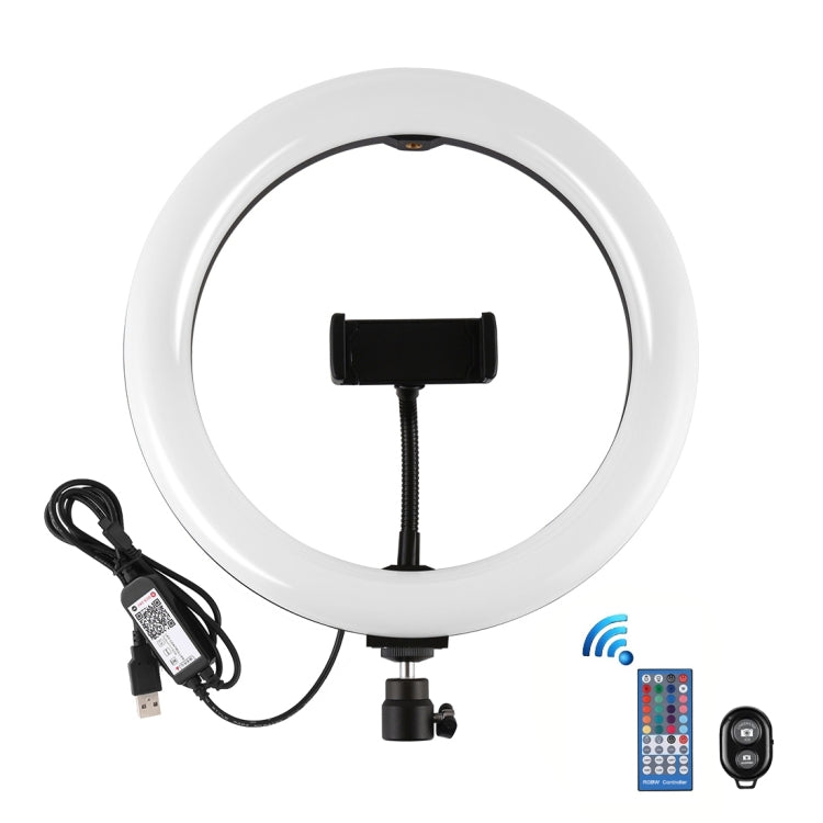PULUZ 10.2 นิ้ว 26 ซม. พื้นผิวโค้ง USB RGBW หรี่แสงได้ LED แหวนวิดีโอบล็อกการถ่ายภาพไฟวิดีโอที่มีหัวบอลขาตั้งกล้องและการควบคุมระยะไกลและโทรศัพท์หนีบ, 10.2 inch RGBW