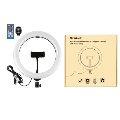 PULUZ 10.2 นิ้ว 26 ซม. พื้นผิวโค้ง USB RGBW หรี่แสงได้ LED แหวนวิดีโอบล็อกการถ่ายภาพไฟวิดีโอที่มีหัวบอลขาตั้งกล้องและการควบคุมระยะไกลและโทรศัพท์หนีบ, 10.2 inch RGBW