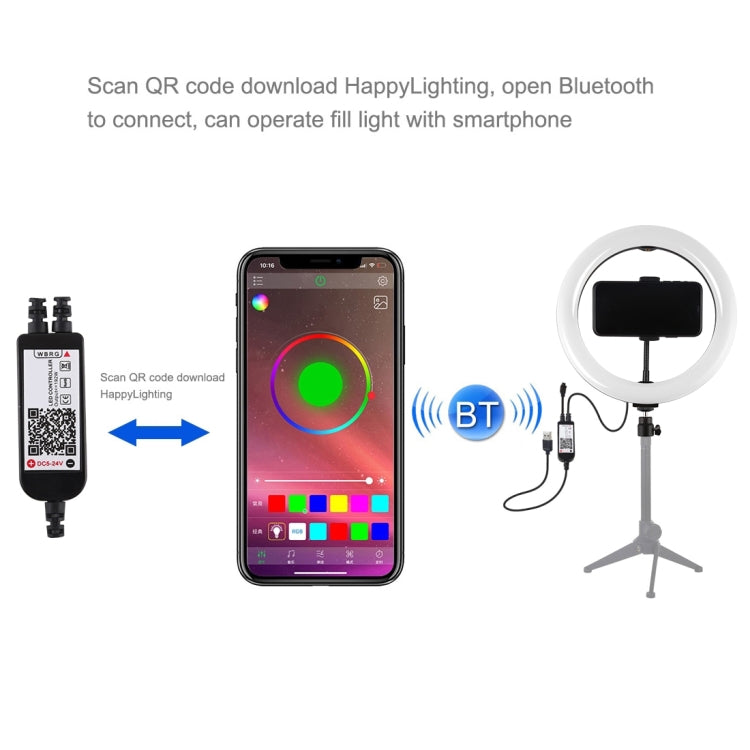 PULUZ 10.2 นิ้ว 26 ซม. พื้นผิวโค้ง USB RGBW หรี่แสงได้ LED แหวนวิดีโอบล็อกการถ่ายภาพไฟวิดีโอที่มีหัวบอลขาตั้งกล้องและการควบคุมระยะไกลและโทรศัพท์หนีบ, 10.2 inch RGBW